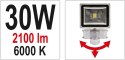 REFLEKTOR DIODOWY Z CZUJNIKIEM RUCHU 30W 2100LM COB