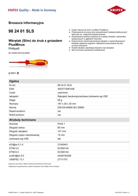 WKRĘTAK PHILLIPS SLIM Z IZOLACJĄ 80 MM PH1