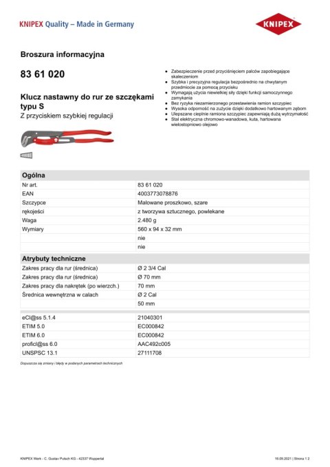 KLUCZ DO RUR, ROZSTAW 50 70MM, DŁ. 560 MM