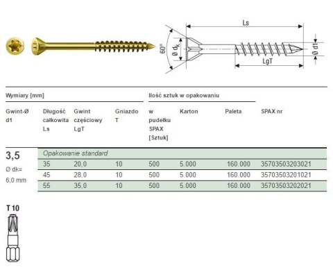 WKRĘT DO PODŁÓG/DESEK OCYNK ŻÓŁTY TX 3.5*55MM SPAX