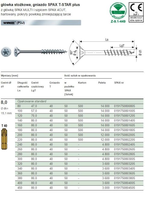 WKRĘT Z ŁBEM STOŻKOWYM 8*220MM TX WIROX SPAX