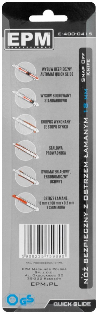 NÓŻ, NOŻYK Z OSTRZEM ŁAMANYM ALUMINIOWY BEZPIECZNY 18MM