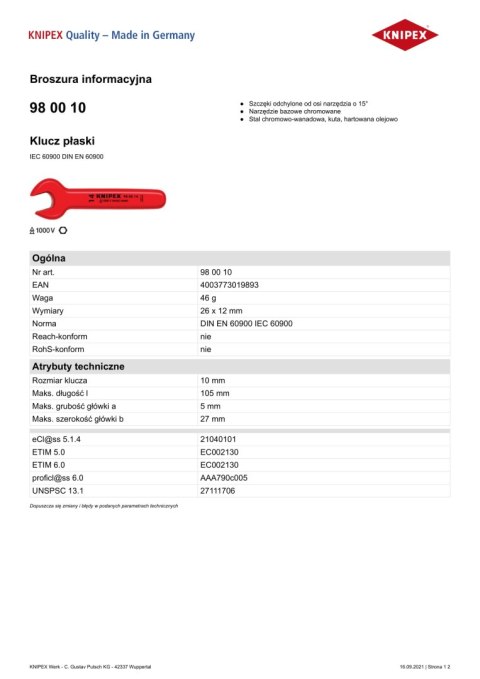 KLUCZ PŁASKI IZOLOWANY 1000V 10MM