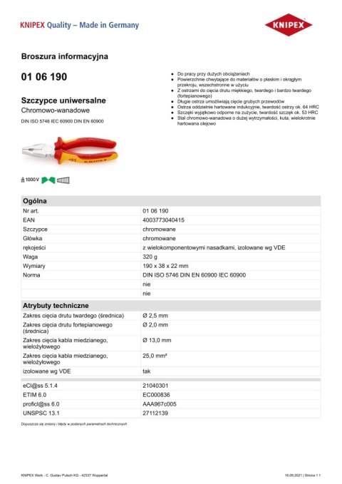 SZCZYPCE UNIWERSALNE VDE 1000V 190MM