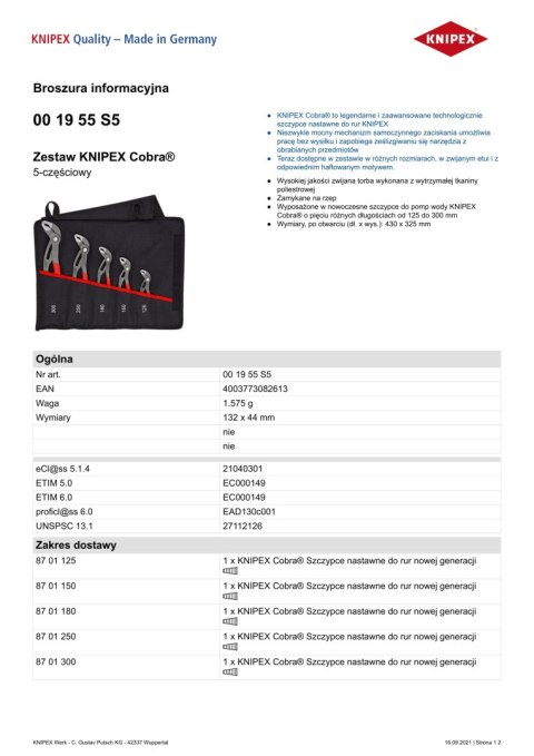 ZESTAW SZCZYPIEC DO RUR W ETUI 5-CZĘŚC 125,150,180,250,300MM