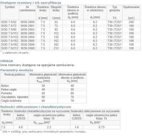 ŚRUBA OŚCIEŻNICOWA SOD 7.5/152MM ŁEB CYLINDRYCZNY