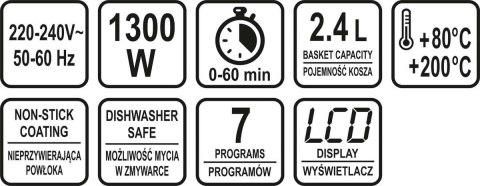 FRYTKOWNICA BEZTŁUSZCZOWA 1300W, 2.4L. PANEL LED