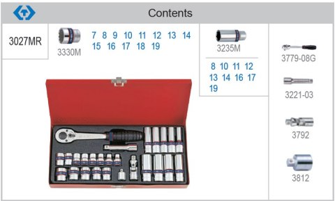 ZESTAW NASADEK 3/8'' 27CZ KR.DŁ 7-19MM 6-KĄT 8-19MM 12-KĄT.