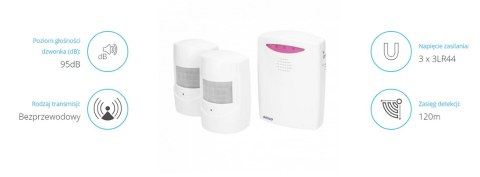 CZUJNIK RUCHU X 2 SYGNALIZACJĄ BEZPRZEWODOWĄ IP44, 120M