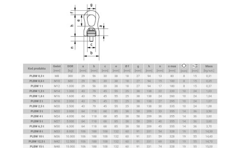 ŚRUBA Z UCHEM OBROTOWO-UCHYLNYM PLBW M20 2.5T